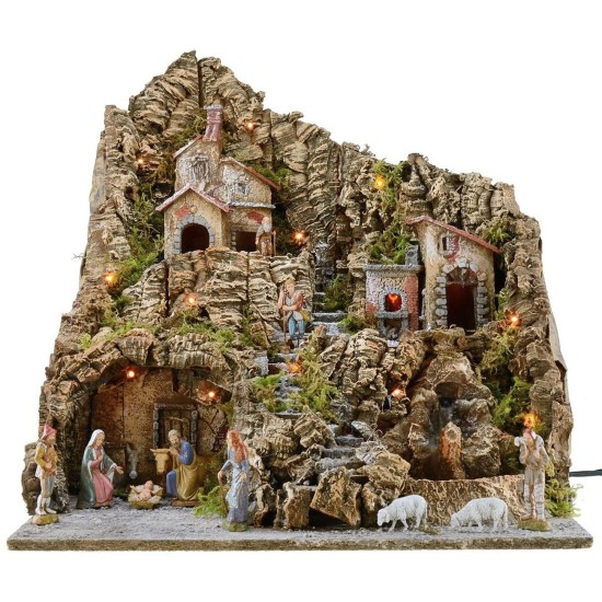 Belén iluminado completo con estatuas Landi, horno y cascada.