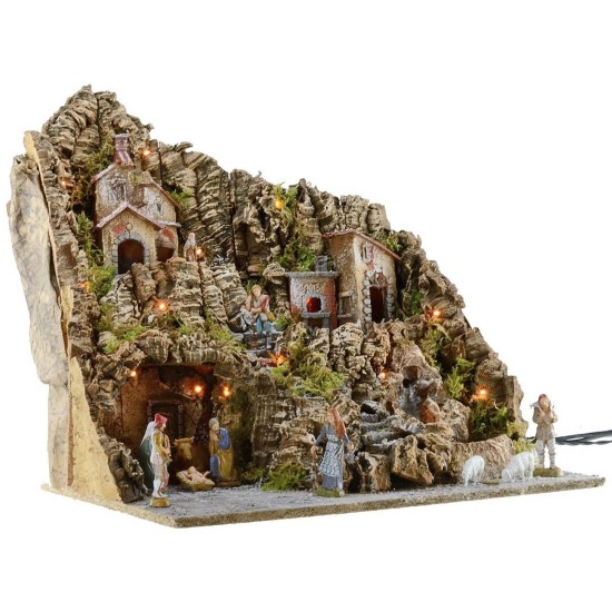 Presepe illuminato completo di statue Landi con forno e cascata