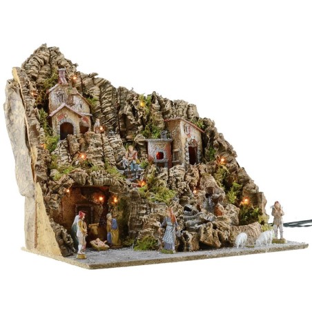 Belén iluminado completo con estatuas Landi y horno y cascada
