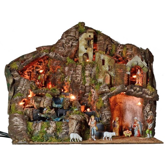 Illuminated nativity scene complete with Landi statues with