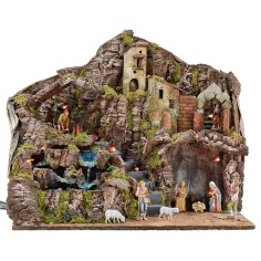 Illuminated nativity scene complete with Landi statues with 2