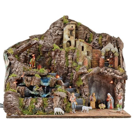Illuminated nativity scene complete with Landi statues with