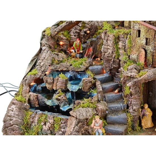 Presepe illuminato completo di statue Landi con fuoco e cascata