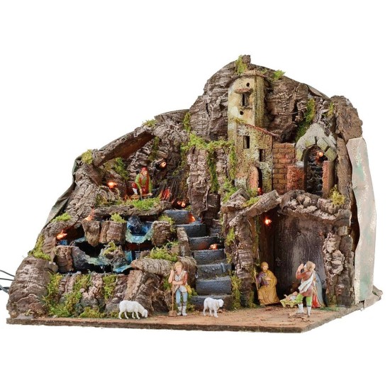 Illuminated nativity scene complete with Landi statues with