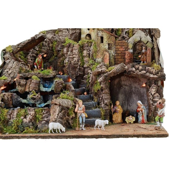 Presepe illuminato completo di statue Landi con fuoco e cascata