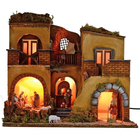 Pesebre iluminado completo con estatuas Landi con fuego