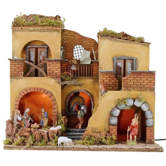 Illuminated nativity scene complete with Landi statues with