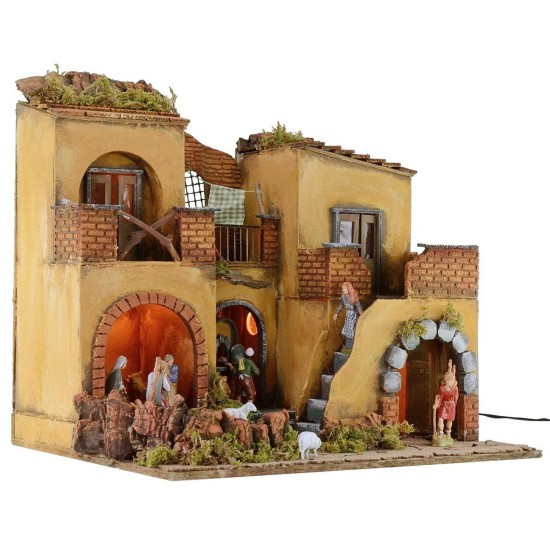 Presepe illuminato completo di statue Landi con fuoco