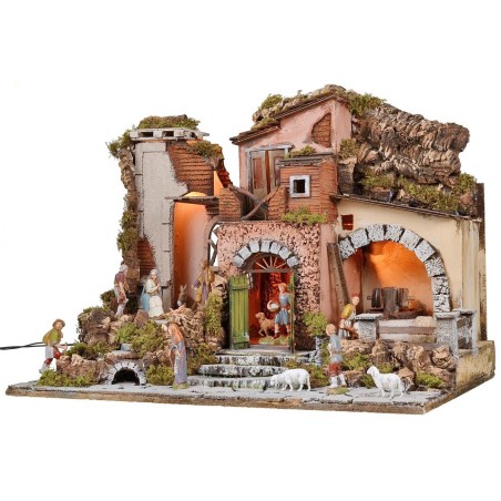 Belén iluminado completo con estatuas Landi y molino funcional
