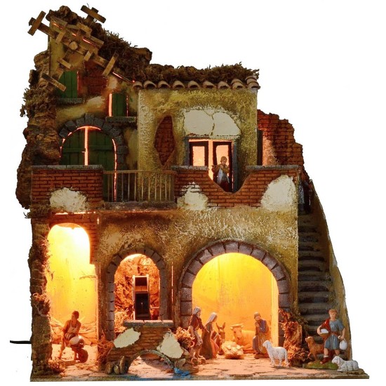 Belén iluminado completo con estatuas Landi con molino de agua