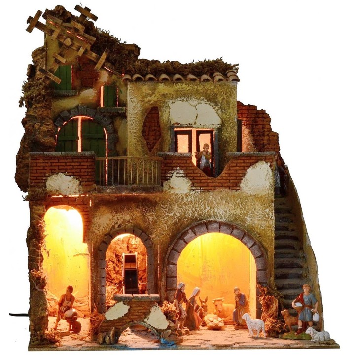 Illuminated nativity scene complete with Landi statues with water mill