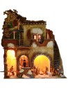 Belén iluminado completo con estatuas Landi con molino de agua