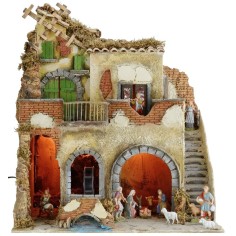 Presepe illuminato completo di statue Landi con mulino ad acqua