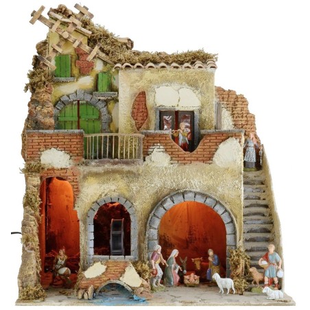 Presepe illuminato completo di statue Landi con mulino ad acqua