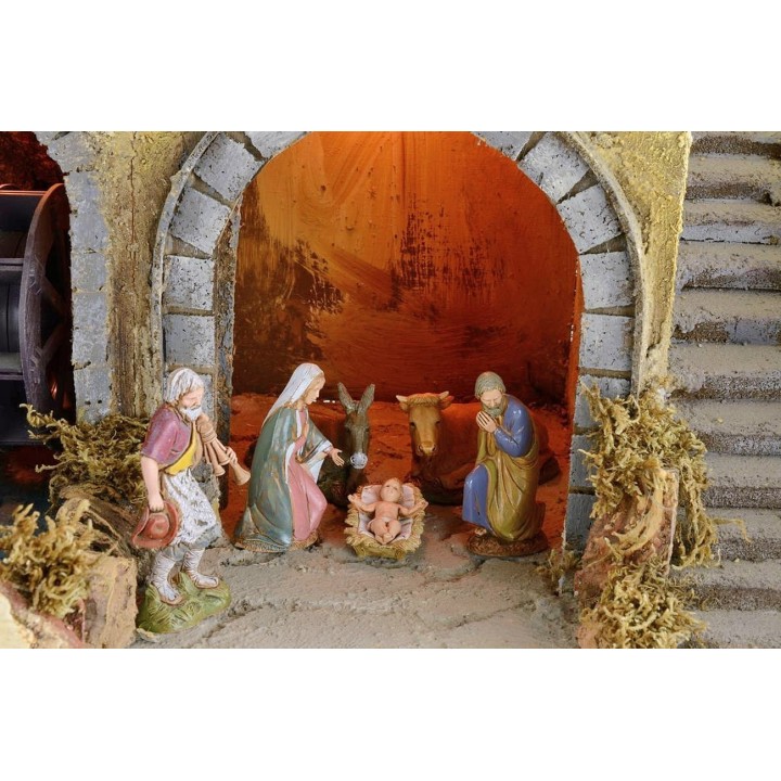 Pesebre iluminado completo con estatuas Landi con molino de agua