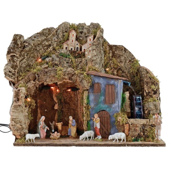 Pesebre iluminado completo con estatuas Landi y molino de agua