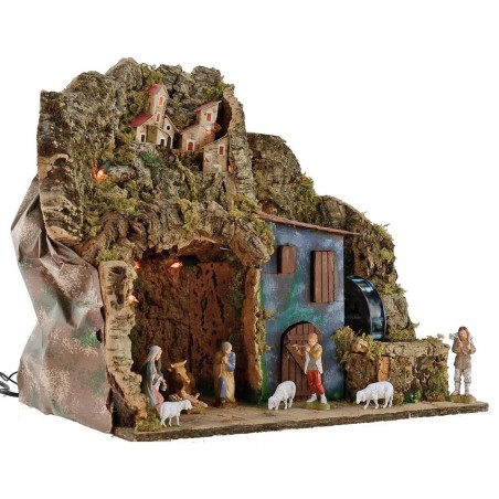 Presepe illuminato completo di statue Landi con mulino ad acqua