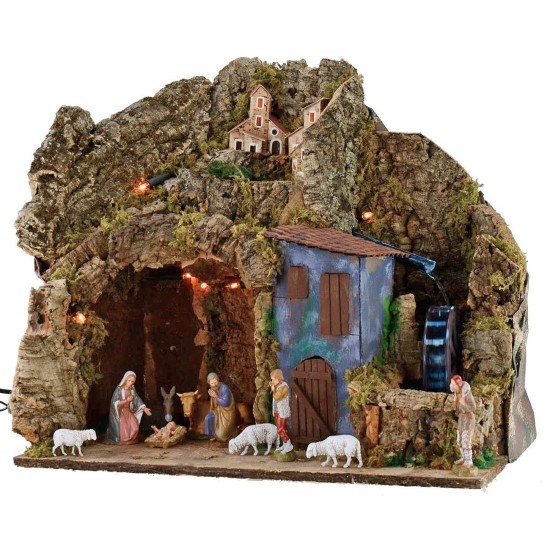 Pesebre iluminado completo con estatuas Landi y molino de agua