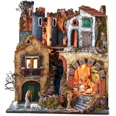 Pesebre iluminado completo de estatuas Landi con puente levadizo 2