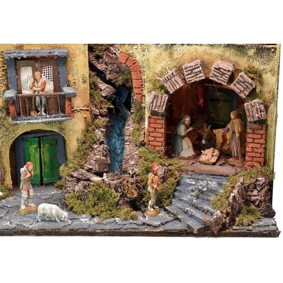 Illuminated nativity scene complete with Landi statues with drawbridge