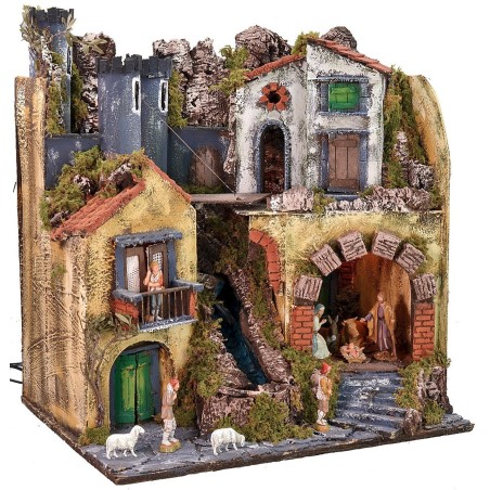 Presepe illuminato completo di statue Landi con ponte levatoio