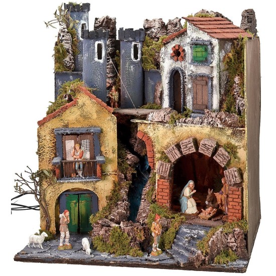 Illuminated nativity scene complete with Landi statues with drawbridge