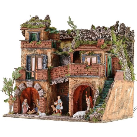 Illuminated nativity scene complete with Landi statues with