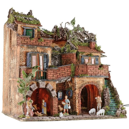 Illuminated nativity scene complete with Landi statues with