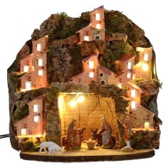 Belén iluminado completo con estatuas Landi con pueblo y 2