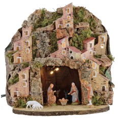 Presepe illuminato completo di statue Landi con villaggio e