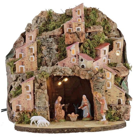 Illuminated nativity scene complete with Landi statues with