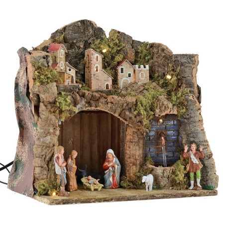 Illuminated nativity scene complete with Landi series statues 8