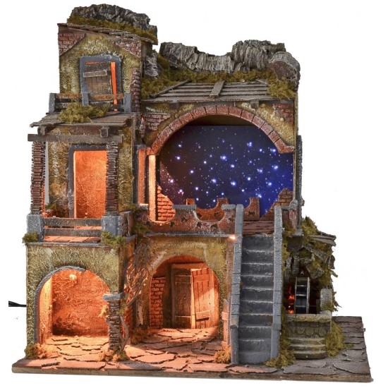 Illuminated nativity scene with fiber optic starry sky and mill