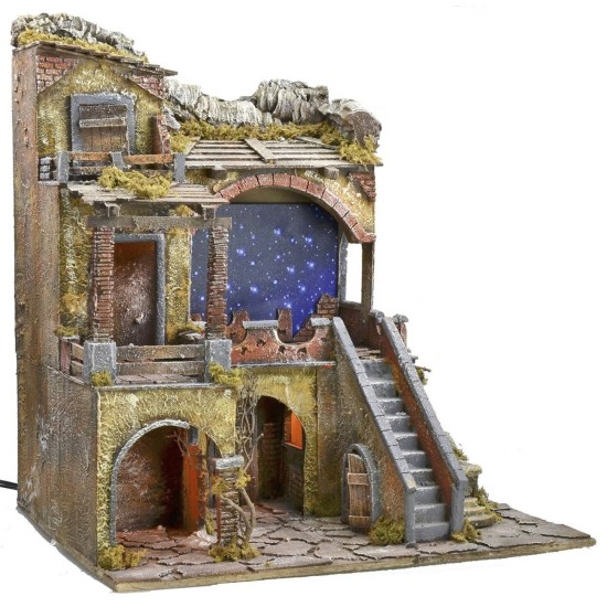 Illuminated nativity scene with fiber optic starry sky and mill