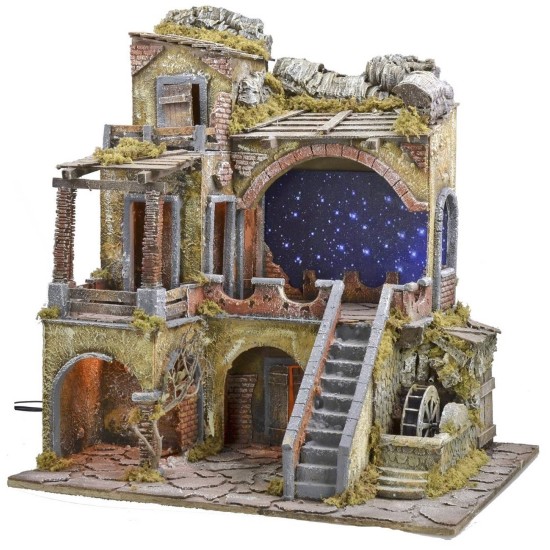 Illuminated nativity scene with fiber optic starry sky and mill