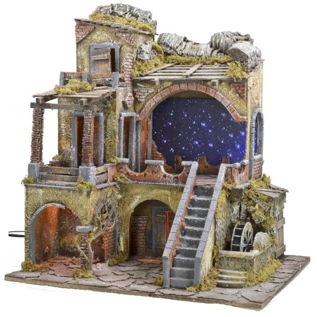 Illuminated nativity scene with fiber optic starry sky and