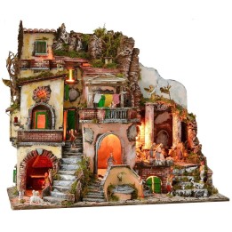 Illuminated nativity scene with working fountain and fire complete with