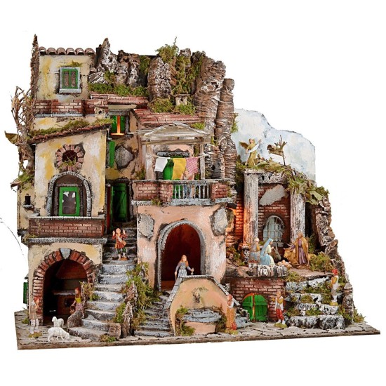 Presepe illuminato con fontana e fuoco funzionante completo di