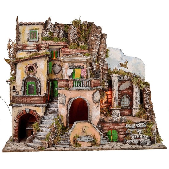 Illuminated nativity scene with functioning fountain and fire