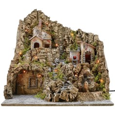 Belén iluminado con horno y cascada funcionales de 50x40,5x52