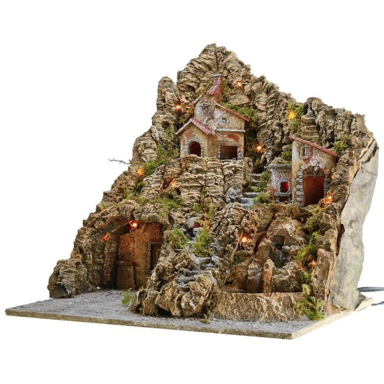 Illuminated nativity scene with functioning oven and waterfall