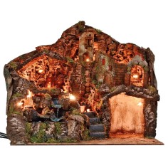 Presepe illuminato con fuoco e cascata funzionanti cm 2