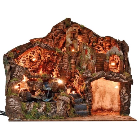 Presepe illuminato con fuoco e cascata funzionanti cm