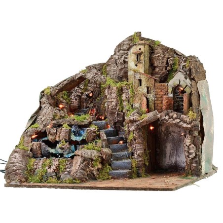 Presepe illuminato con fuoco e cascata funzionanti cm