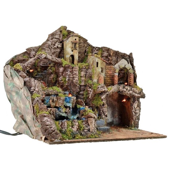 Presepe illuminato con fuoco e cascata funzionanti cm