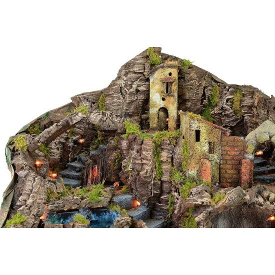 Illuminated nativity scene with working fire and waterfall cm