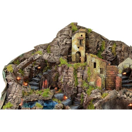 Illuminated nativity scene with working fire and waterfall cm