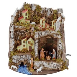 Pesebre iluminado con cueva y estatuas Landi cm 27x17x26 h