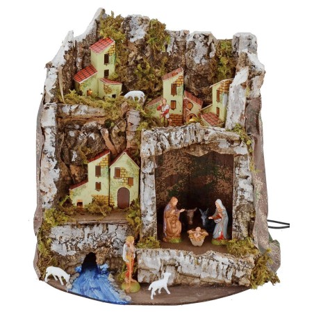 Pesebre iluminado con cueva y estatuas Landi cm 27x17x26 h
