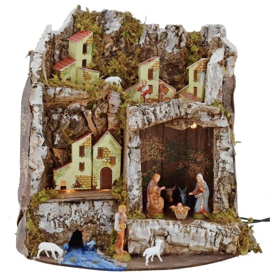 Presepe illuminated with cave and statues Landi cm 27x17x26 h